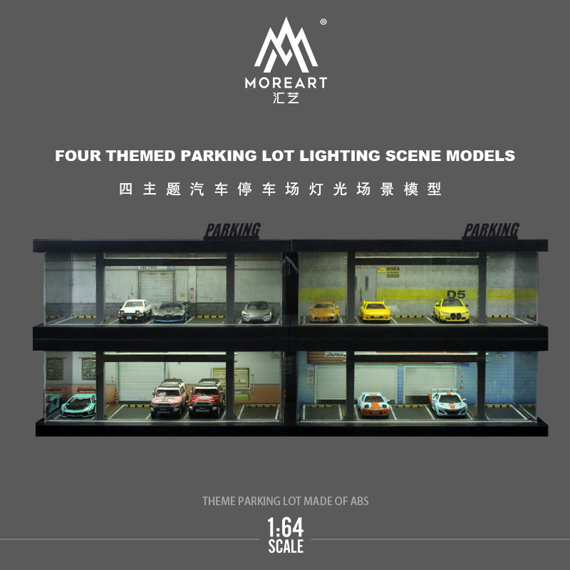 Model Kit Car - 1:64 Vier-Themen-Autoparkplatz-Modellbausatz mit Beleuchtung Garage